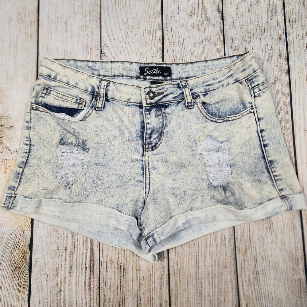 Sizzle‎ Y2K Distressed Denim Shorts Cuffed Hem Acid Wash Juniors Size 11